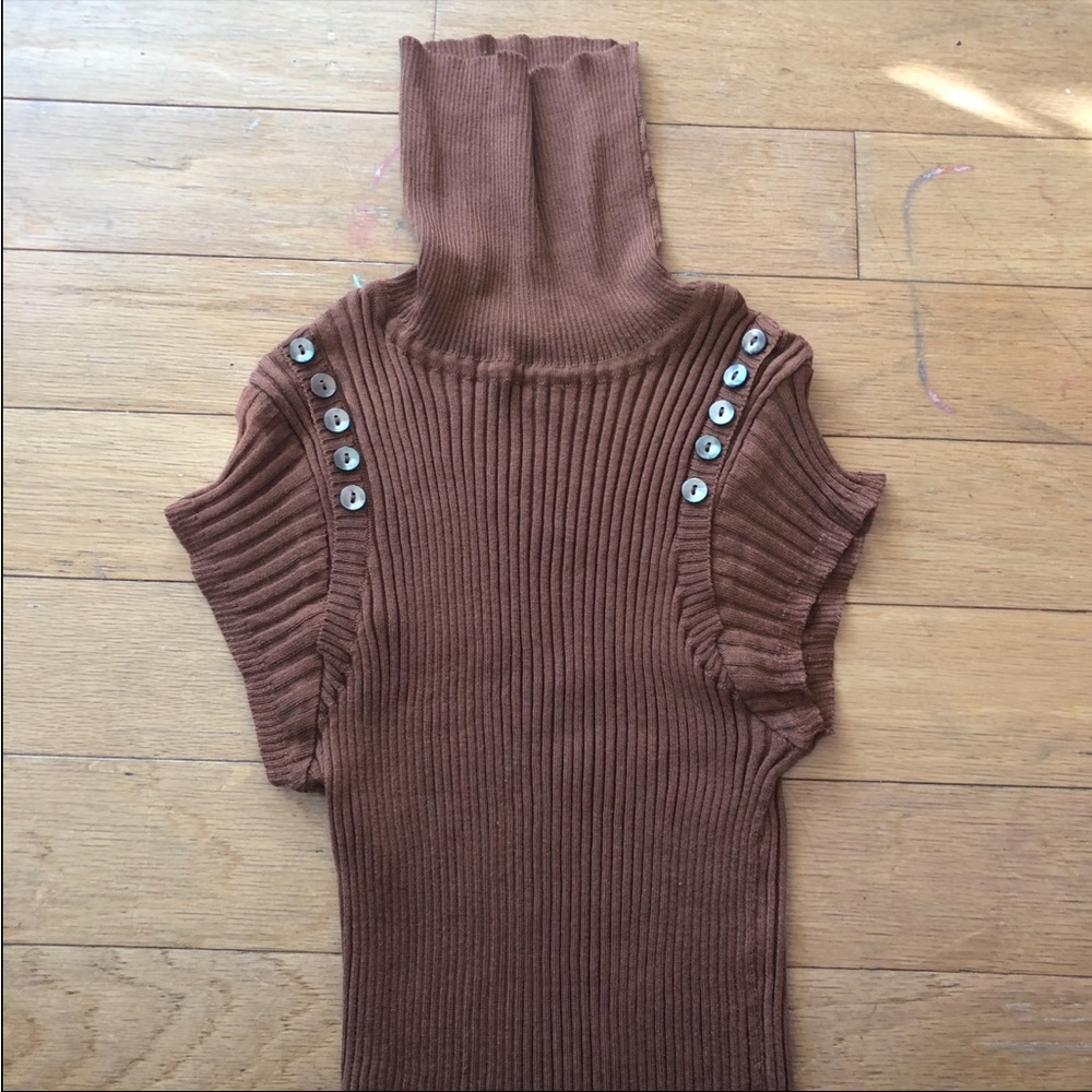 Brown Ribbed Turtleneck Sweater with Button Accents